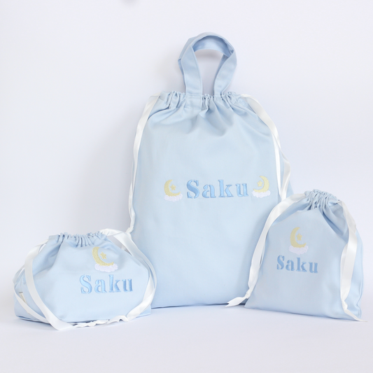 【ムーン🌙＆スター⭐+名入れ刺繍】巾着袋3種類セット（4色）