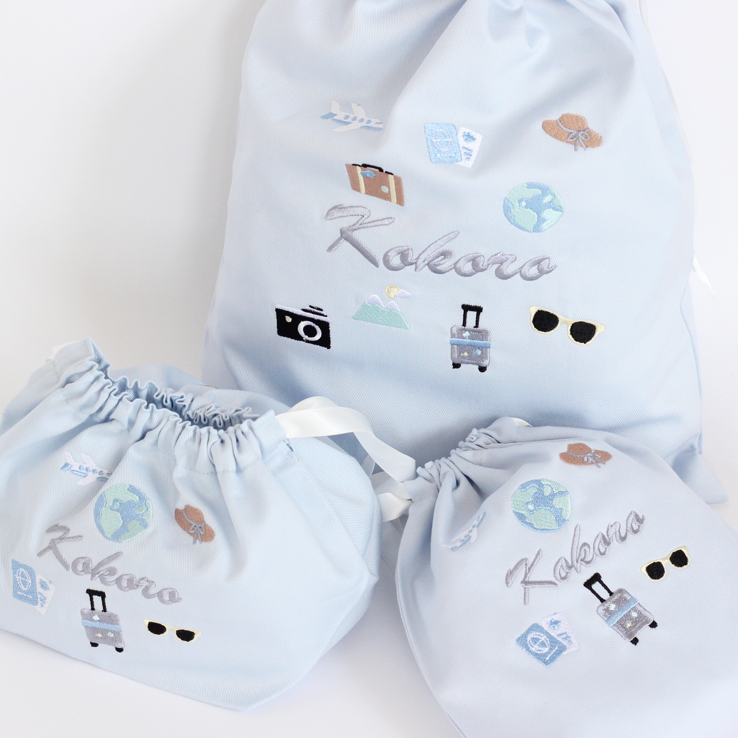 【Travelモチーフ+名入れ刺繍】巾着袋L持ち手つき（4色）ドローストリングバッグ