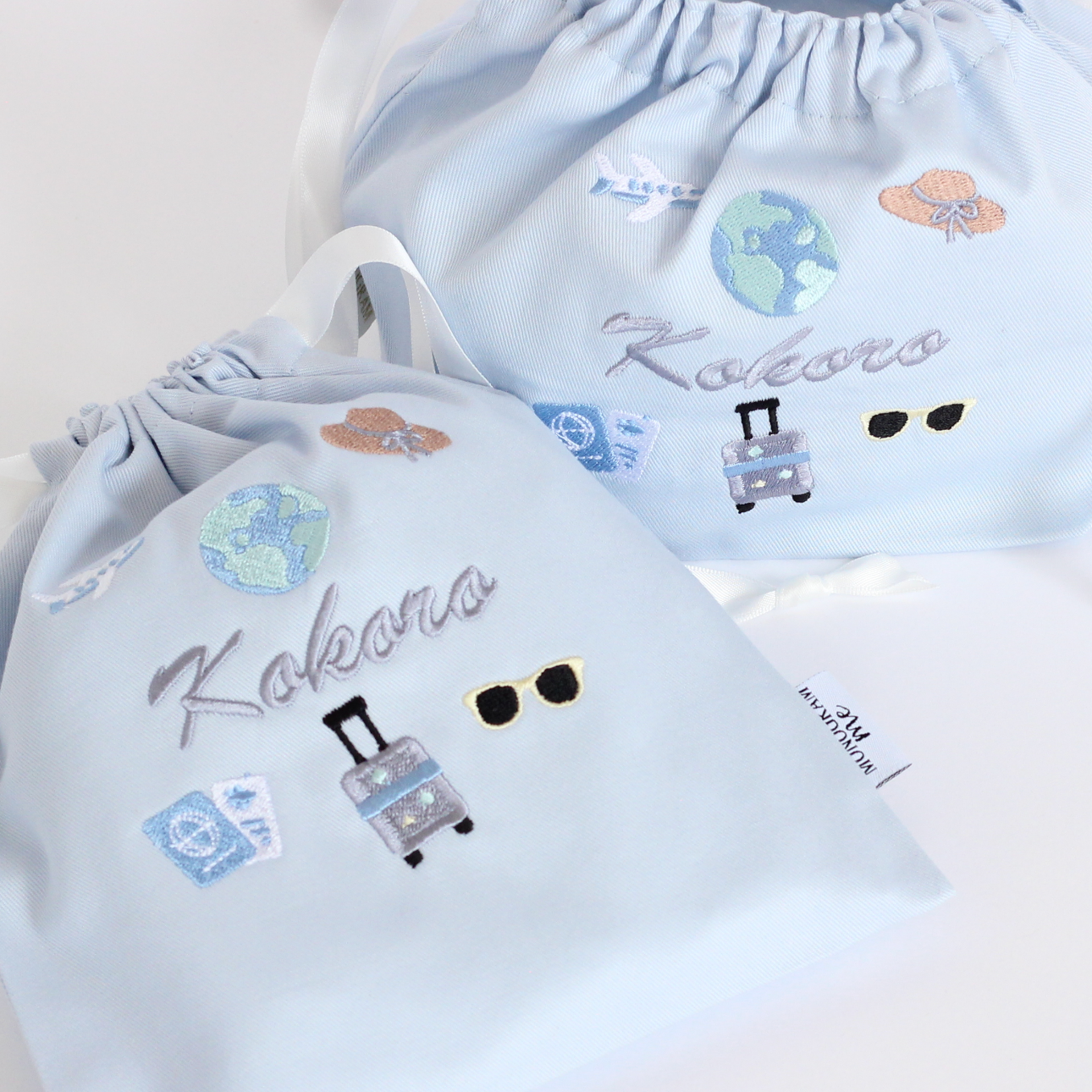 【Travelモチーフ+名入れ刺繍】巾着袋Sマチなし（4色）ドローストリングバッグ