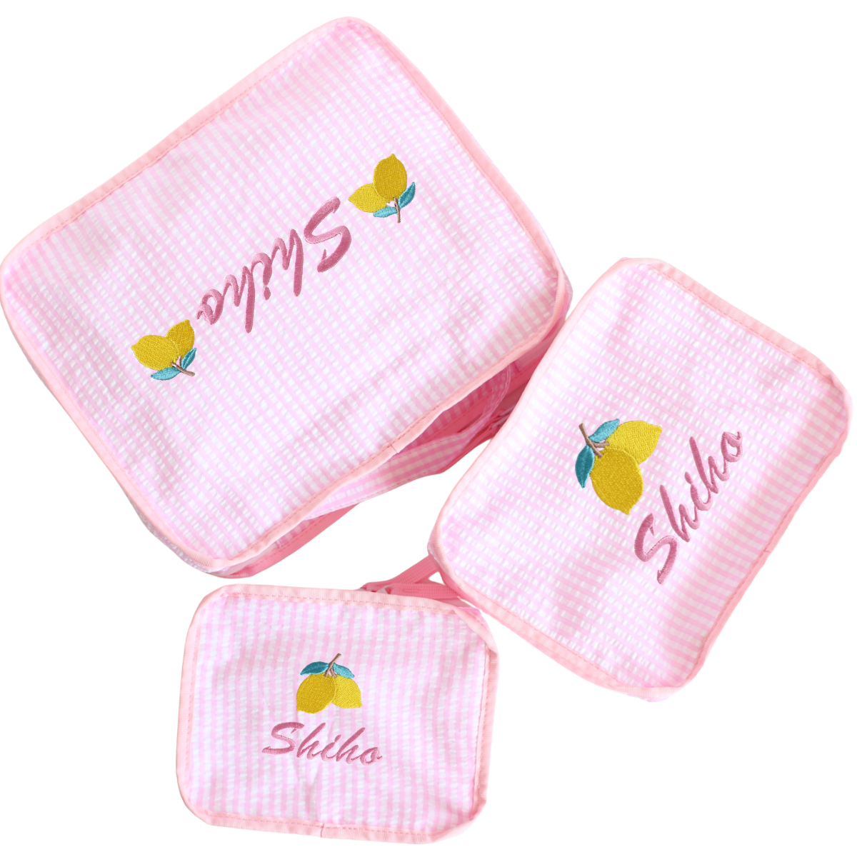 【選べるモチーフ】スタッキングポーチ３点セットPink Check Seersucker