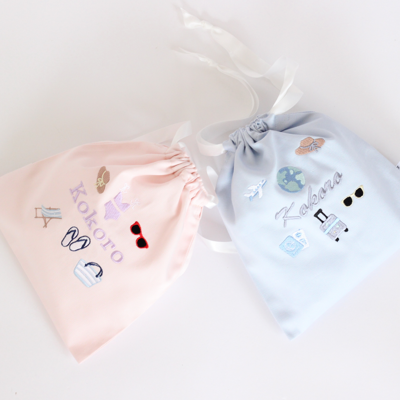 【Travelモチーフ+名入れ刺繍】巾着袋３点セット（4色）ドローストリングバッグ