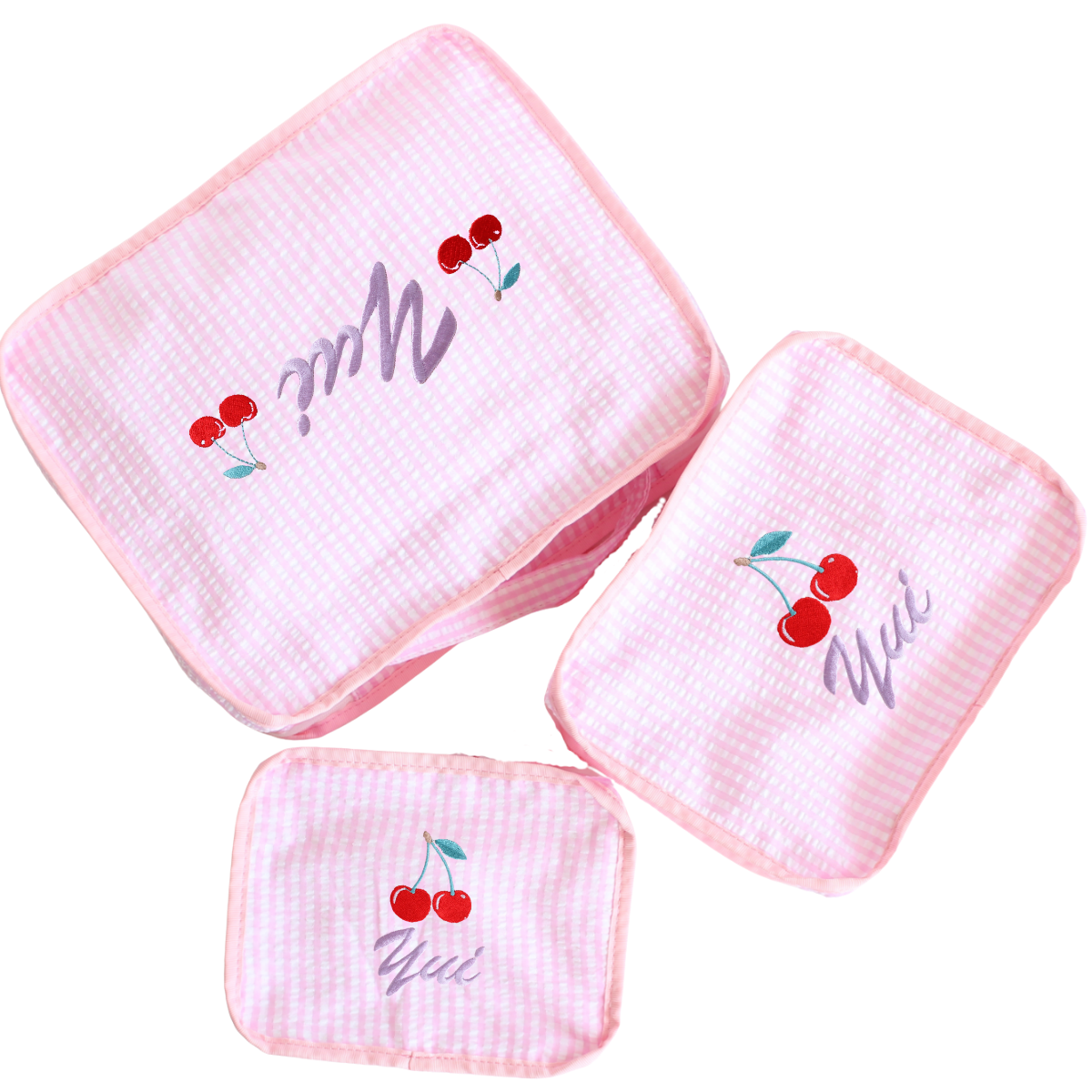 【選べるモチーフ】スタッキングポーチ３点セットPink Check Seersucker