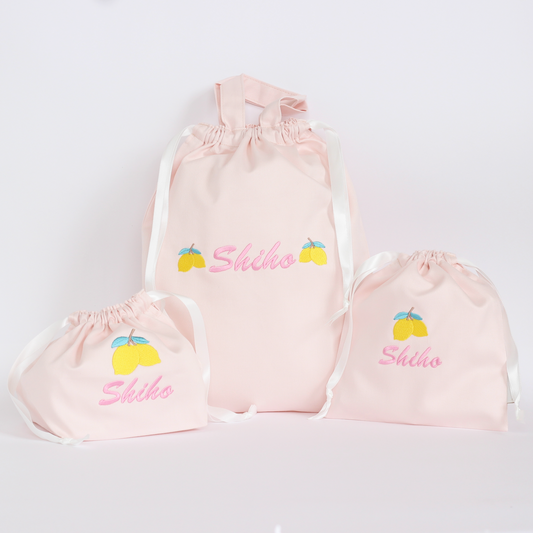 【レモン🍋+名入れ刺繍】巾着袋3種類セット（4色）