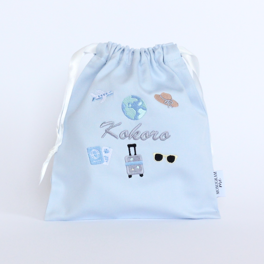 【Travelモチーフ+名入れ刺繍】巾着袋３点セット（4色）ドローストリングバッグ