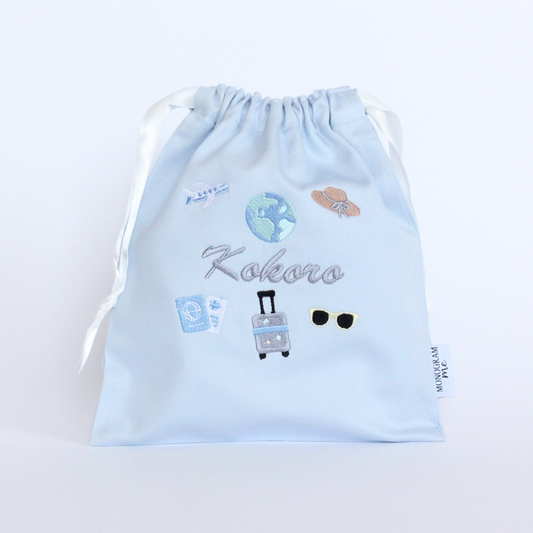 【Travelモチーフ+名入れ刺繍】巾着袋Sマチなし（4色）ドローストリングバッグ