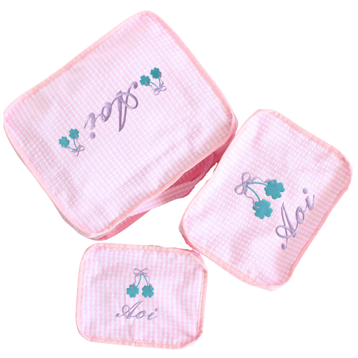 【選べるモチーフ】スタッキングポーチ３点セットPink Check Seersucker