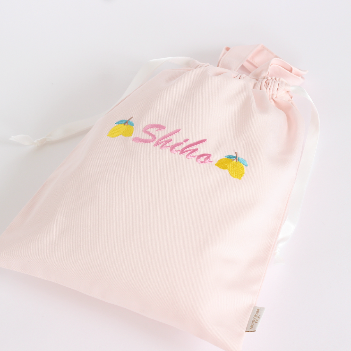 【レモン🍋+名入れ刺繍】巾着袋L持ち手付きドローストリングバッグ（4色）