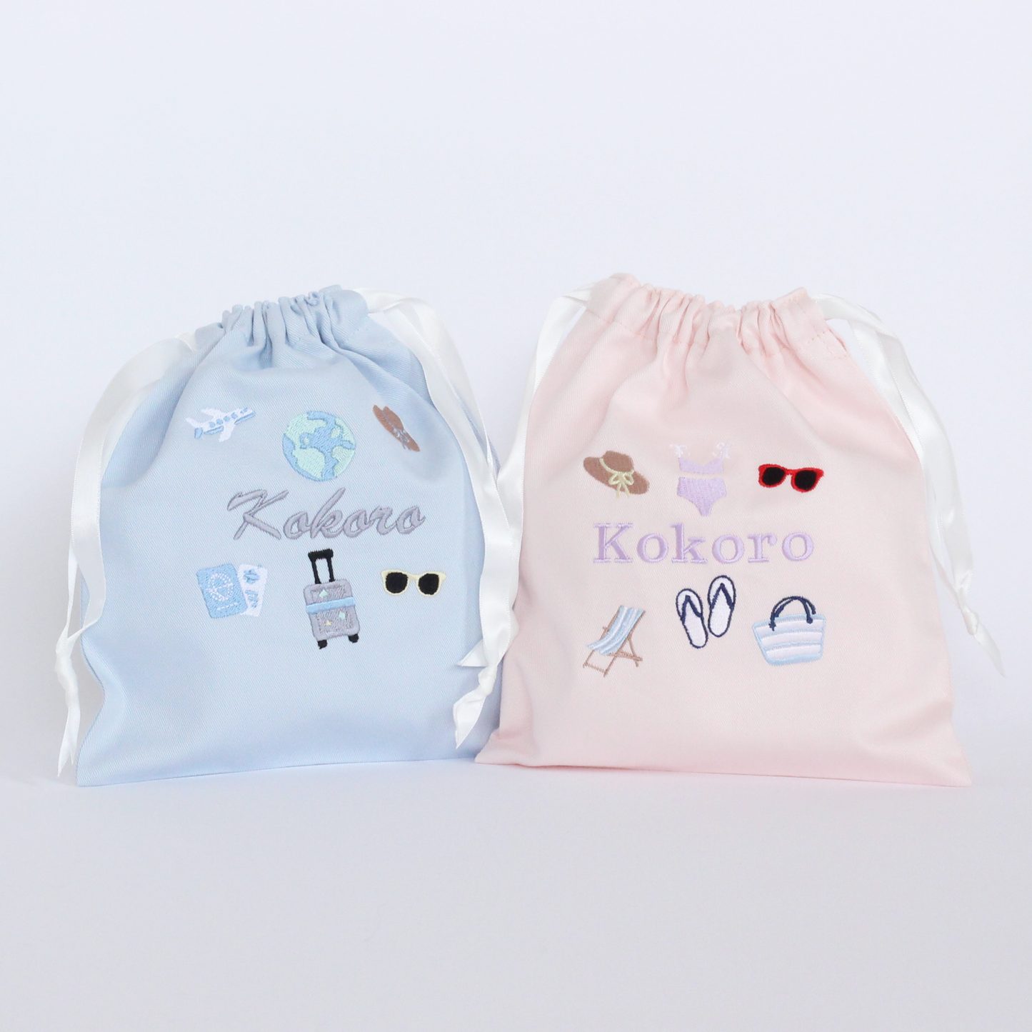 【Beachモチーフ+名入れ刺繍】巾着袋Sマチなし（4色）ドローストリングバッグ