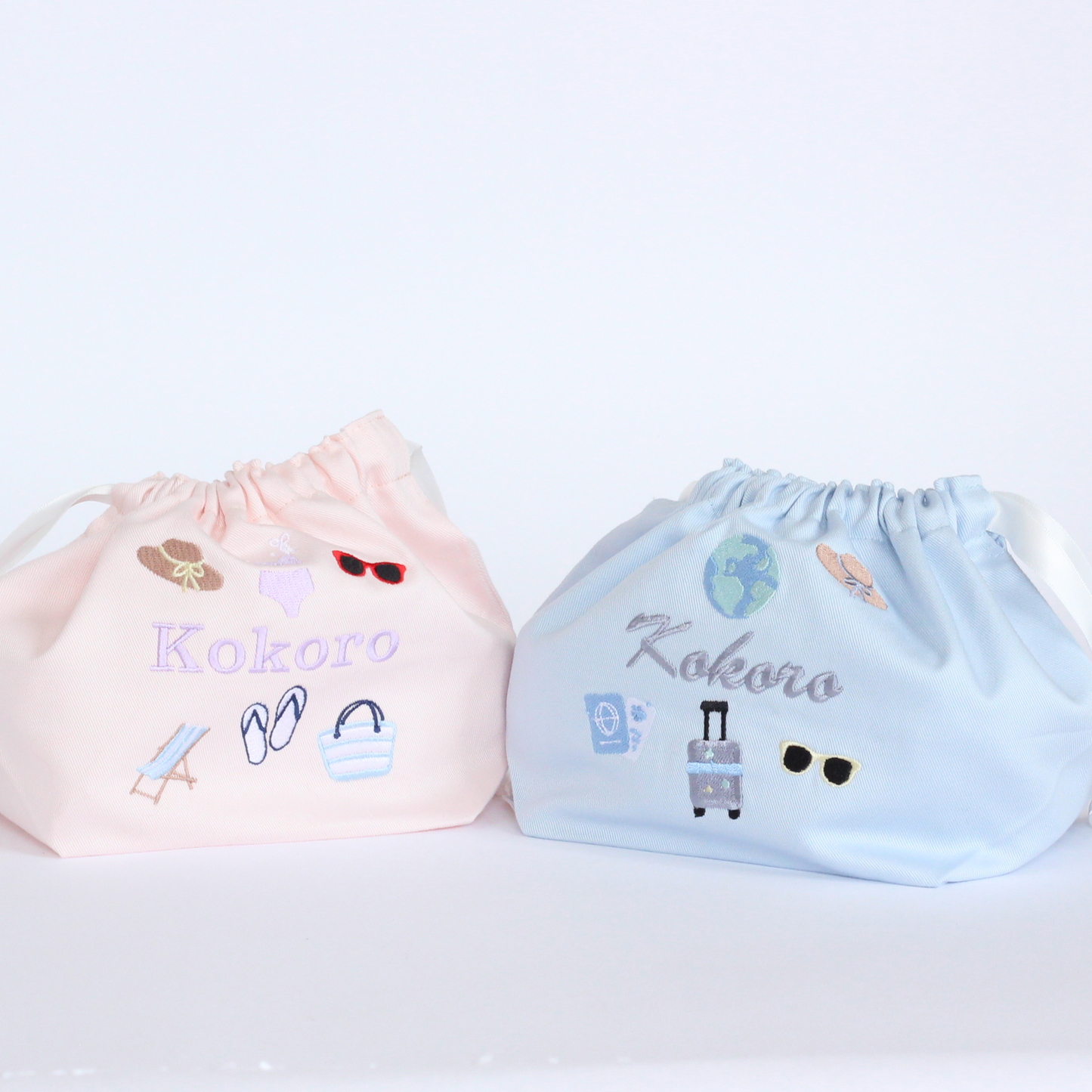 【Beachモチーフ+名入れ刺繍】巾着袋Mマチ付き（4色）ドローストリングバッグ
