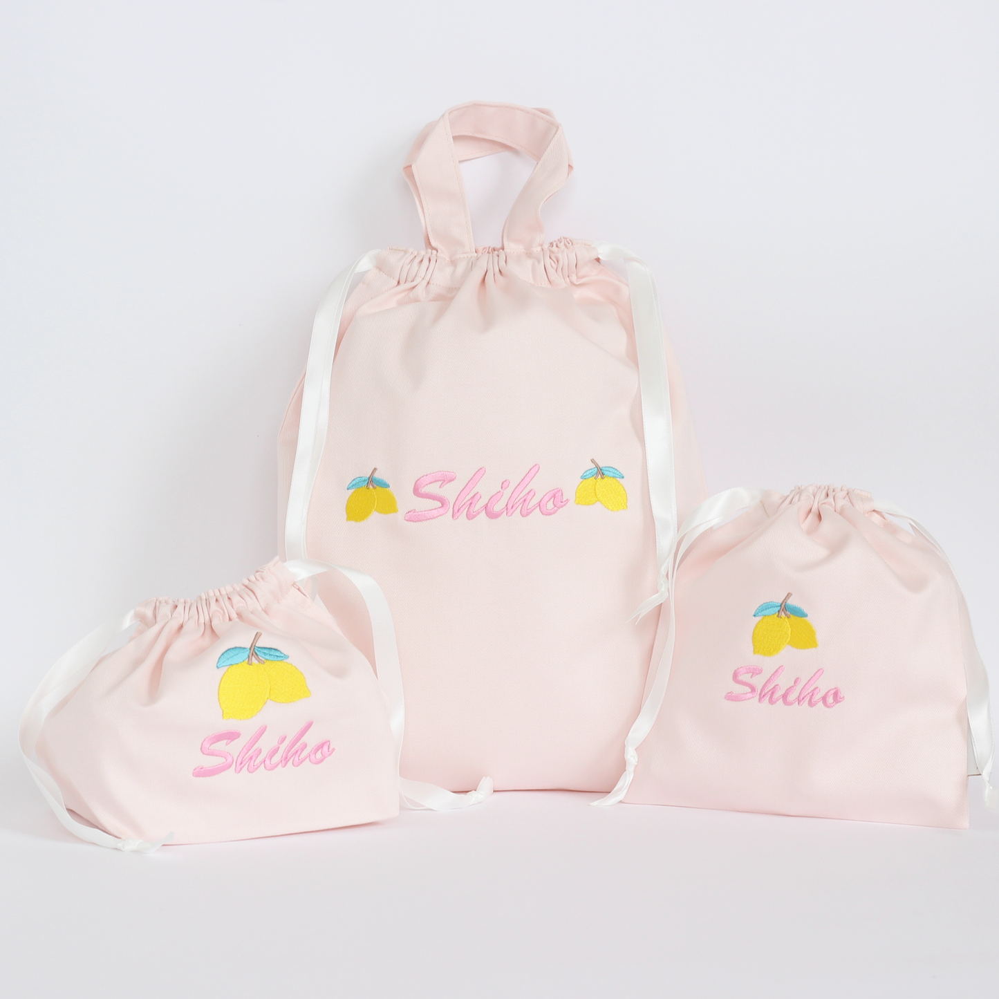 【レモン🍋+名入れ刺繍】巾着袋L持ち手付きドローストリングバッグ（4色）