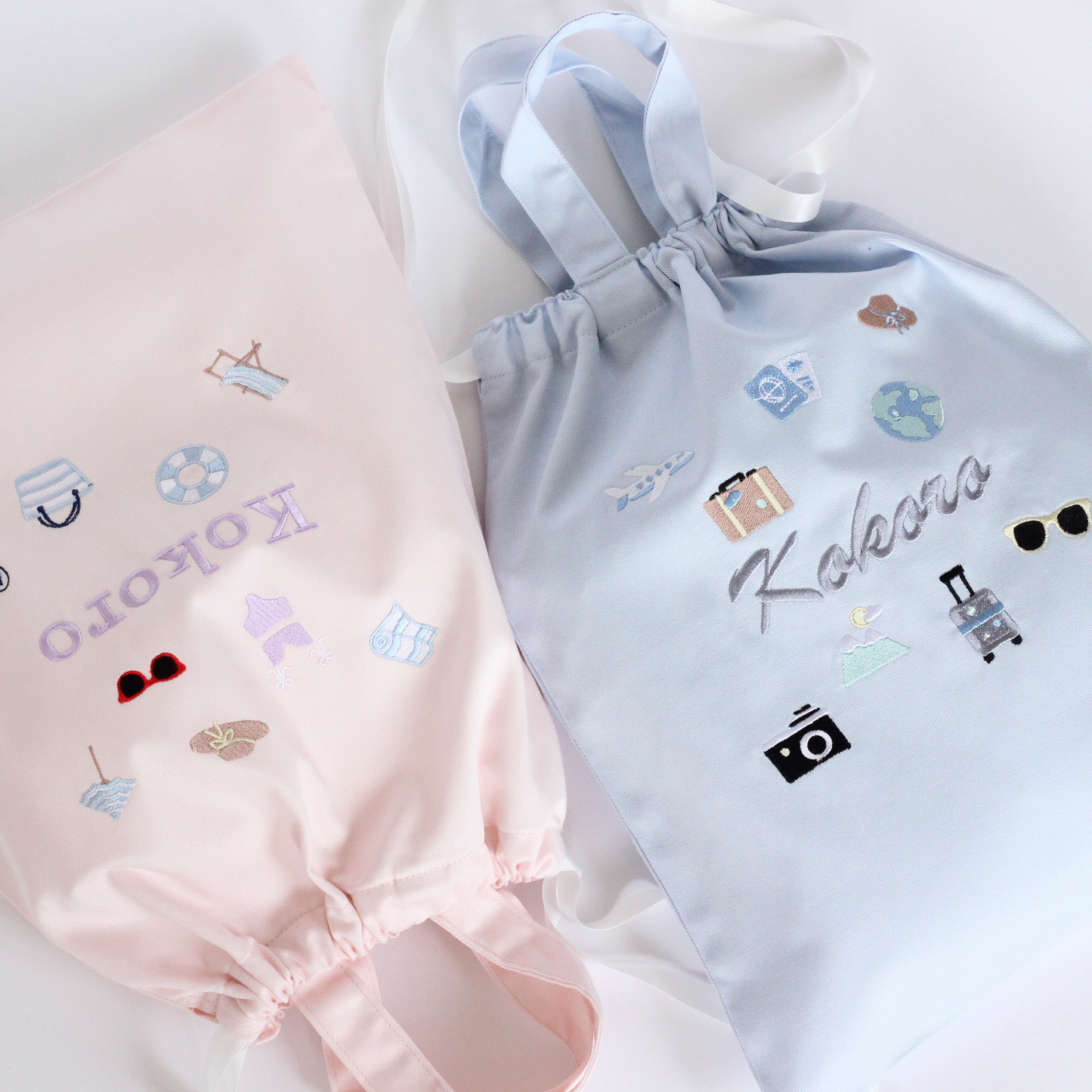 【Travelモチーフ+名入れ刺繍】巾着袋L持ち手つき（4色）ドローストリングバッグ