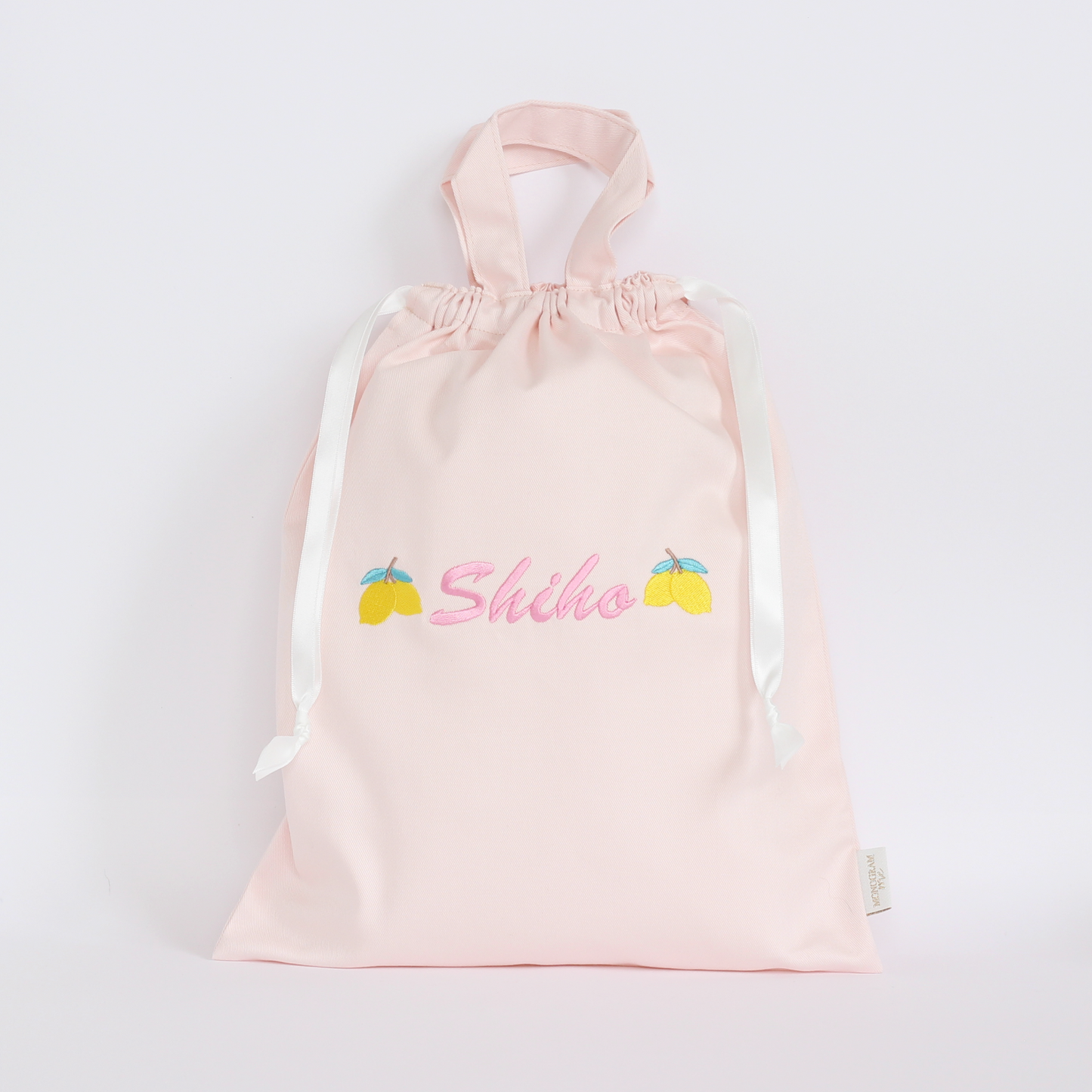 【レモン🍋+名入れ刺繍】巾着袋L持ち手付きドローストリングバッグ（4色）