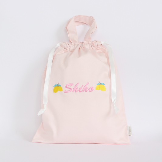 【レモン🍋+名入れ刺繍】巾着袋L持ち手付きドローストリングバッグ（4色）