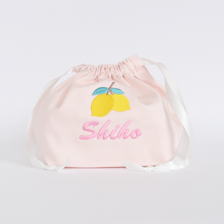 【レモン🍋+名入れ刺繍】巾着袋Mマチ付きドローストリングバッグ（4色）