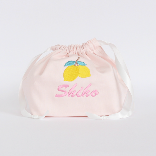 【レモン🍋+名入れ刺繍】巾着袋Mマチ付きドローストリングバッグ（4色）