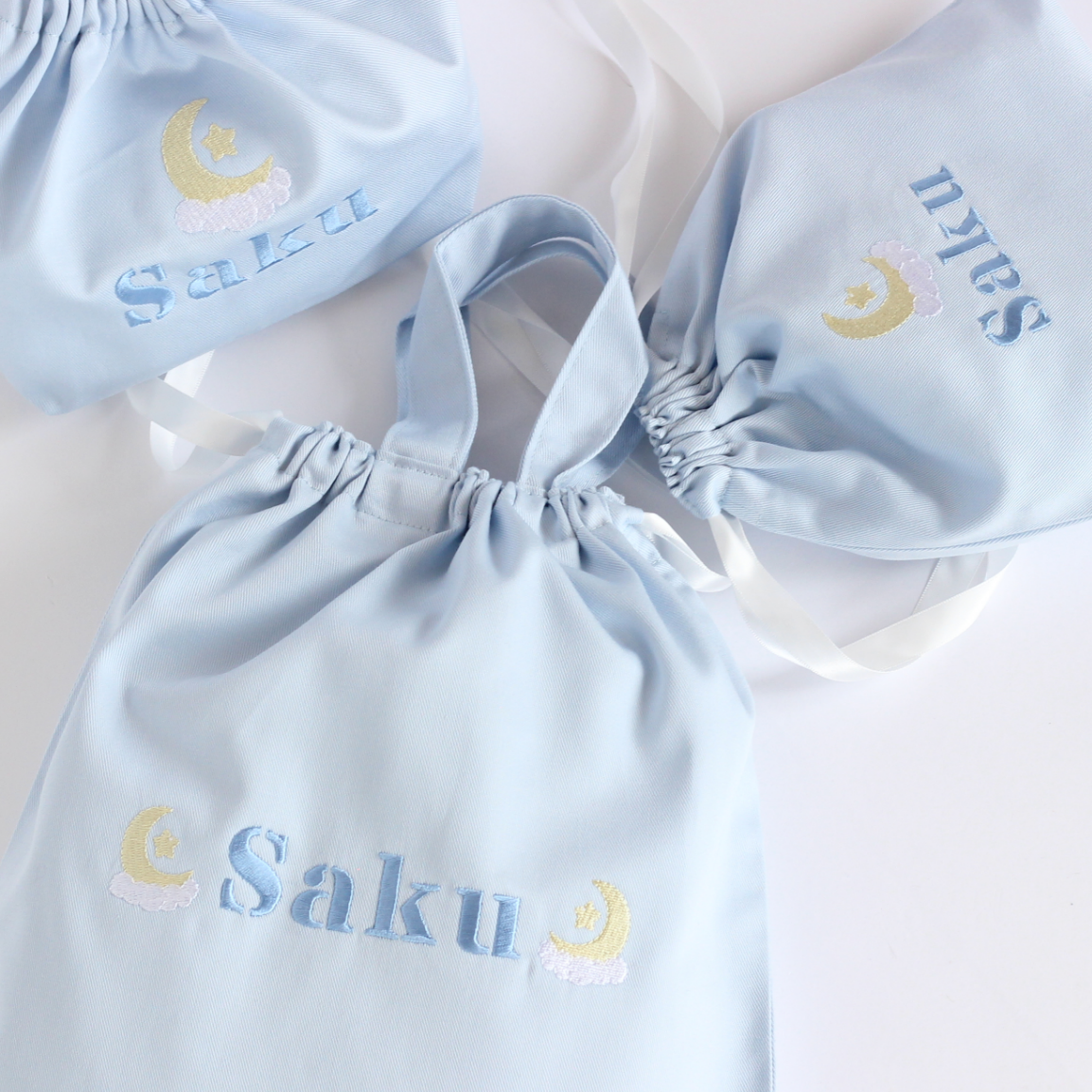 【ムーン🌙＆スター⭐+名入れ刺繍】巾着袋3種類セット（4色）
