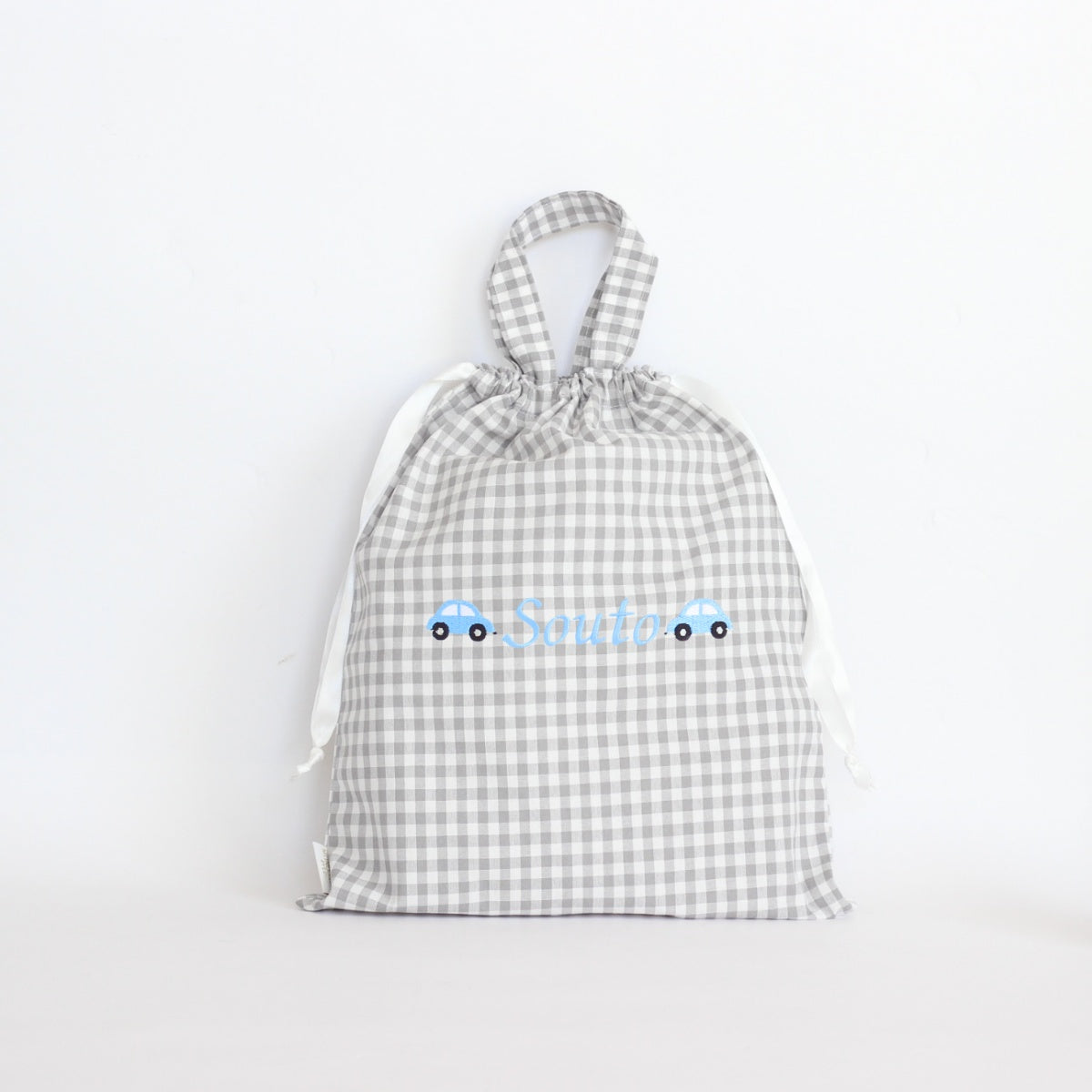 【選べるモチーフ＋名入れ刺繍】巾着L持ち手付きドローストリングバッグ（チェック柄グレー）