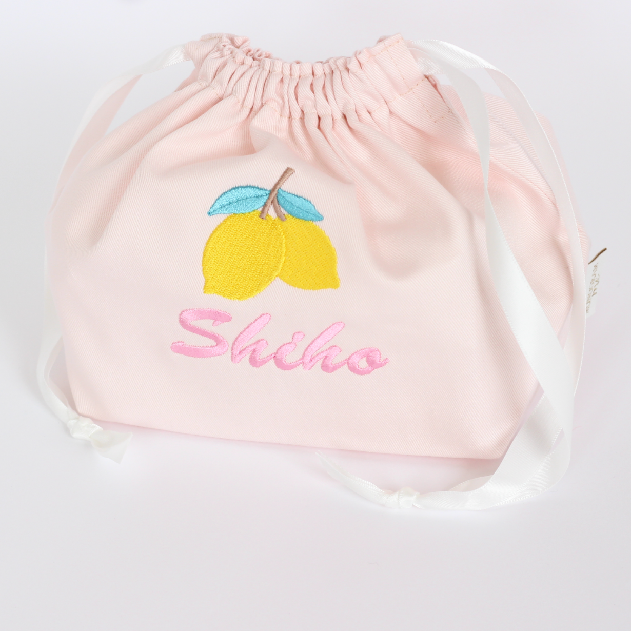 【レモン🍋+名入れ刺繍】巾着袋Mマチ付きドローストリングバッグ（4色）