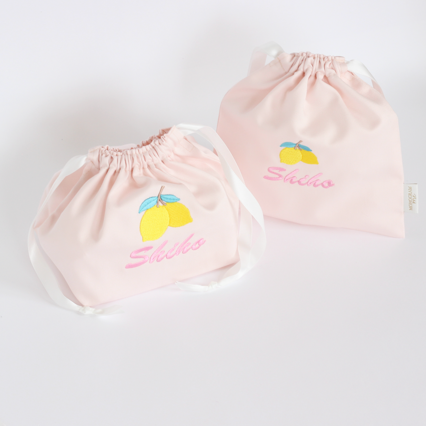 【レモン🍋+名入れ刺繍】巾着袋Sマチなしドローストリングバッグ（４色）