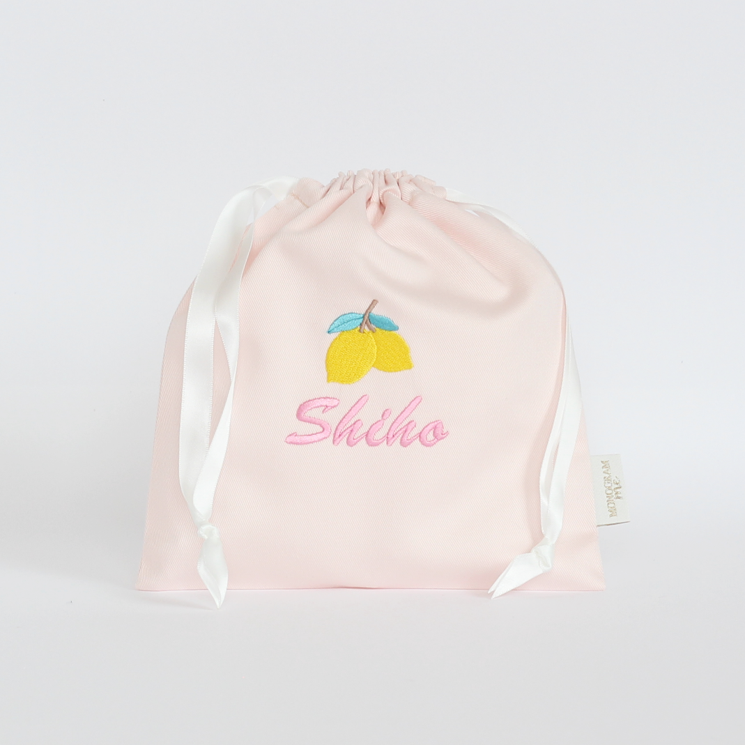 【レモン🍋+名入れ刺繍】巾着袋Sマチなしドローストリングバッグ（４色）