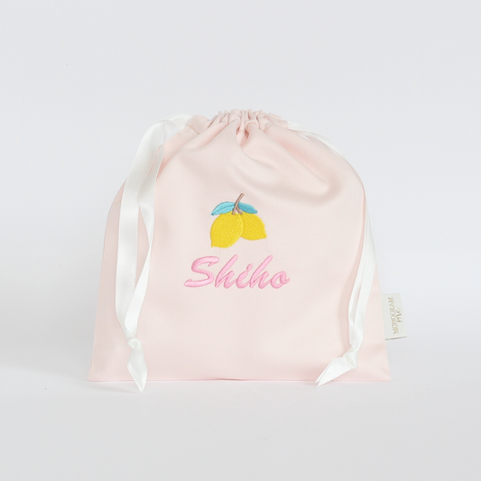 【レモン🍋+名入れ刺繍】巾着袋Sマチなしドローストリングバッグ（４色）