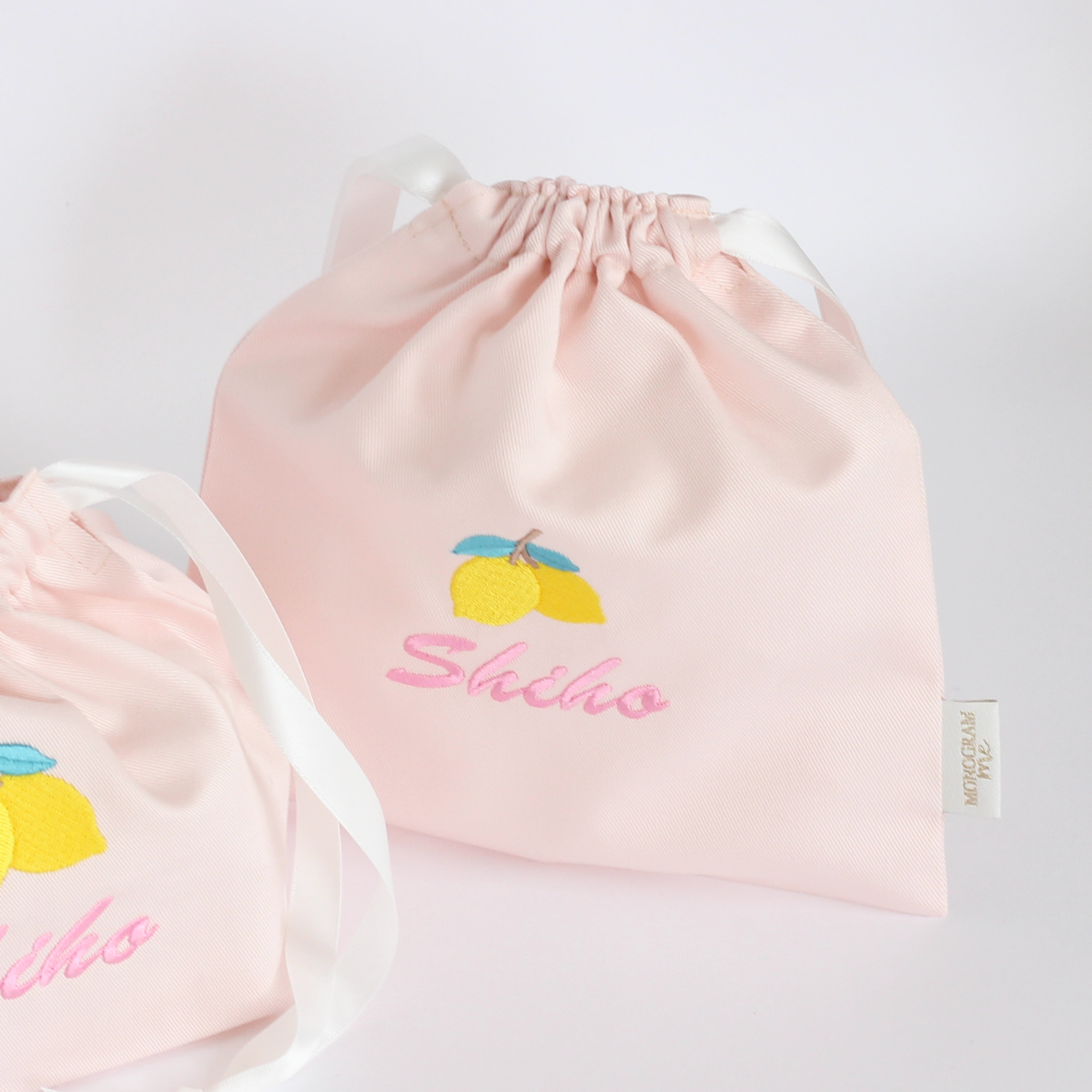 【レモン🍋+名入れ刺繍】巾着袋Sマチなしドローストリングバッグ（４色）