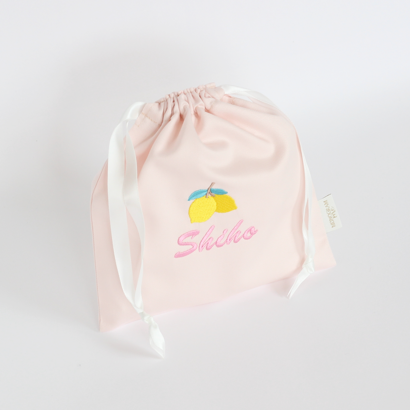 【レモン🍋+名入れ刺繍】巾着袋Sマチなしドローストリングバッグ（４色）