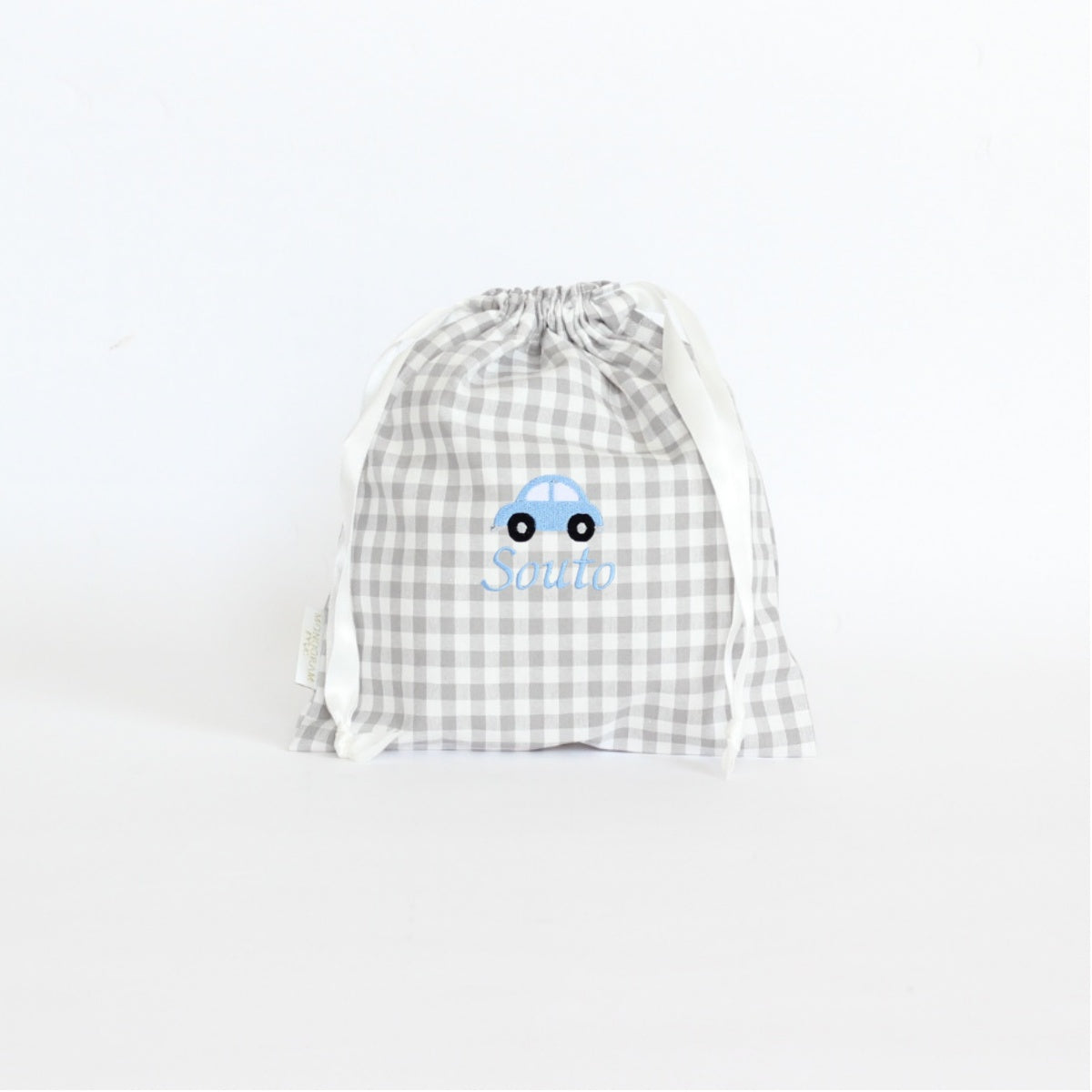 【選べるモチーフ＋名入れ刺繍】巾着袋Sドローストリングバッグ（チェック柄グレー）