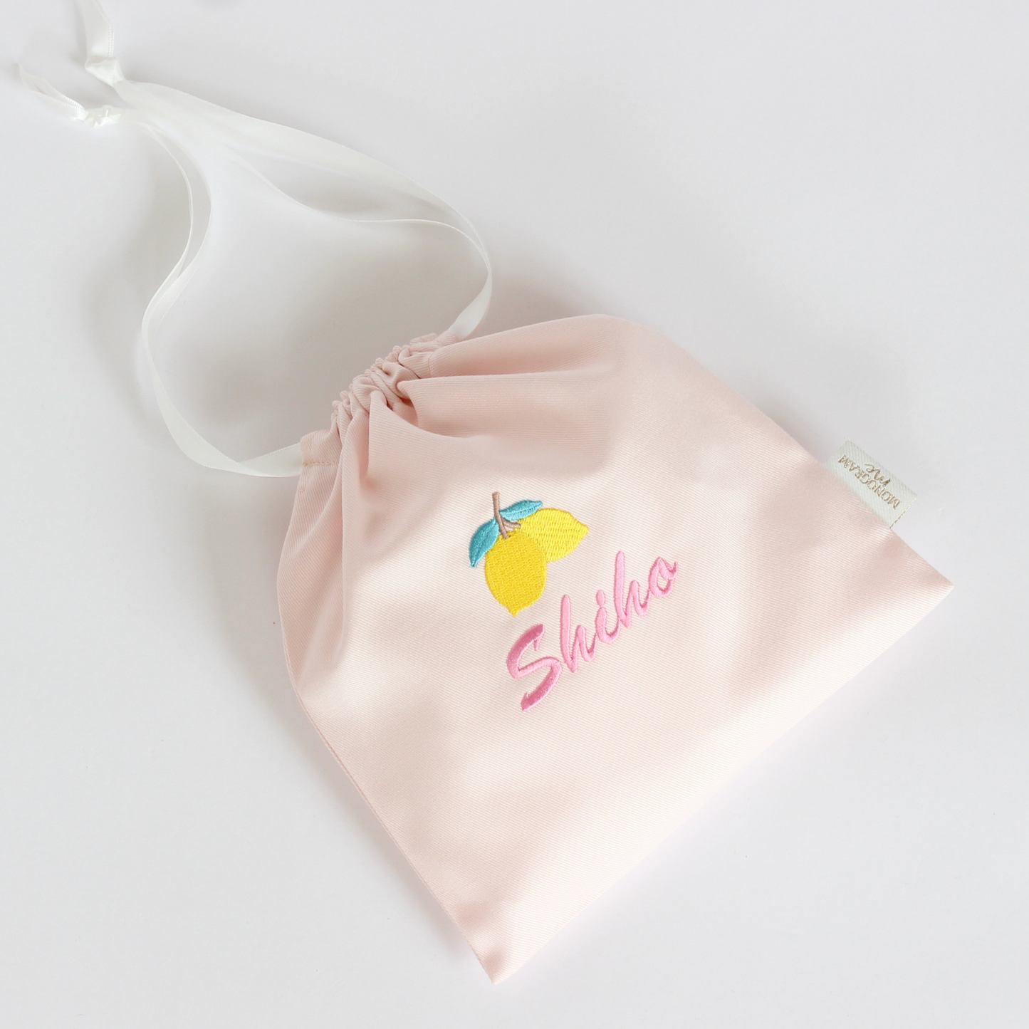 【レモン🍋+名入れ刺繍】巾着袋Sマチなしドローストリングバッグ（４色）