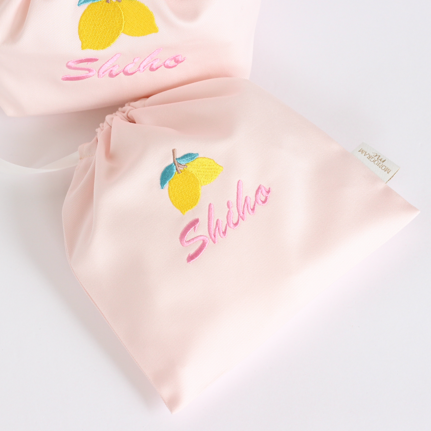 【レモン🍋+名入れ刺繍】巾着袋Sマチなしドローストリングバッグ（４色）