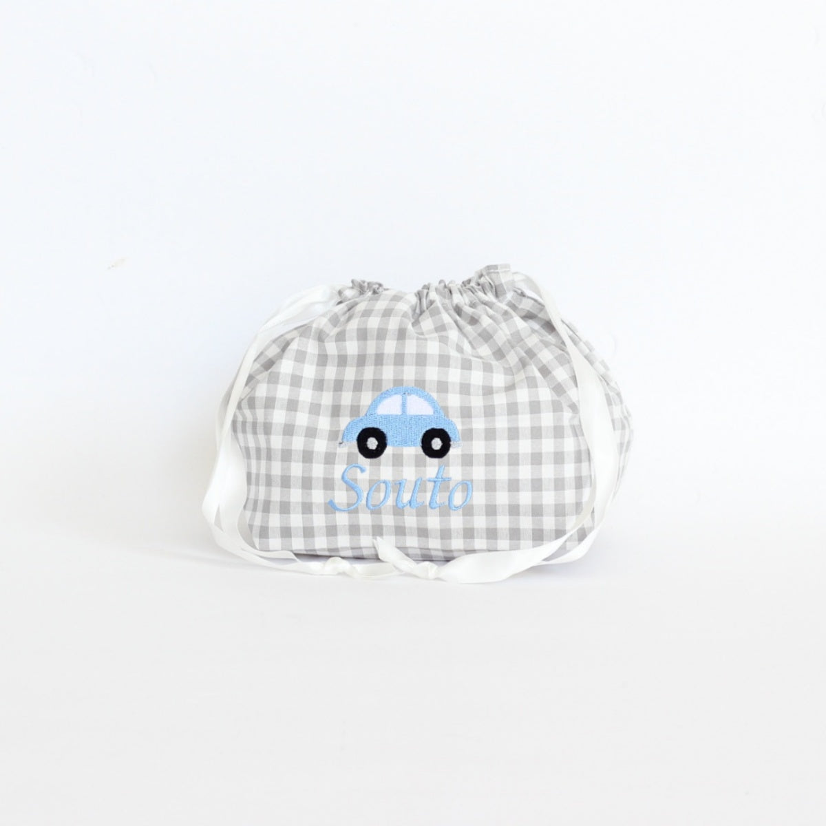 【選べるモチーフ＋名入れ刺繍】巾着袋Mマチ付きドローストリングバッグ（チェック柄グレー）