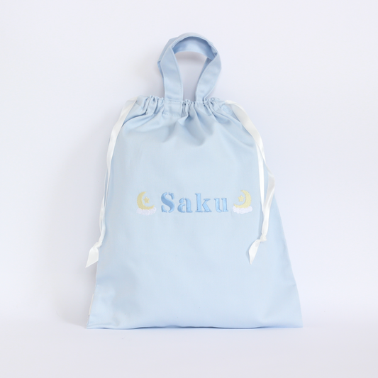 【ムーン🌙＆スター⭐+名入れ刺繍】巾着袋L持ち手付きドローストリングバッグ（4色）