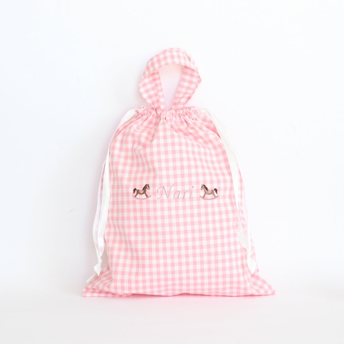 【選べるモチーフ＋名入れ刺繍】巾着袋3種類セット（チェック柄ピンク）