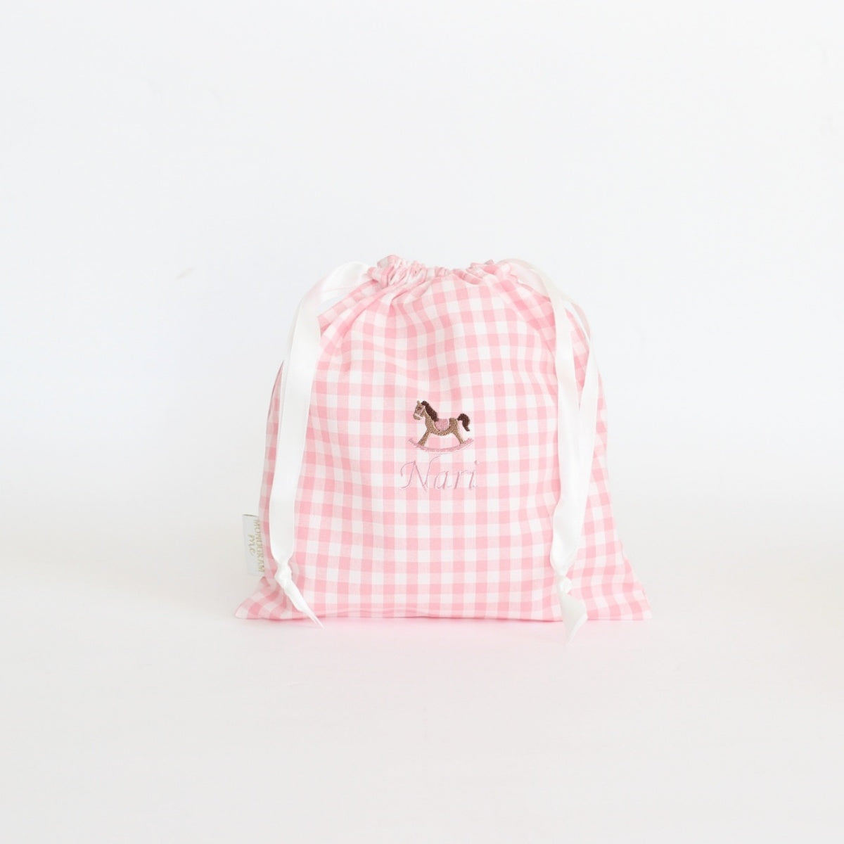 【選べるモチーフ＋名入れ刺繍】巾着袋Sドローストリングバッグ（チェック柄ピンク）