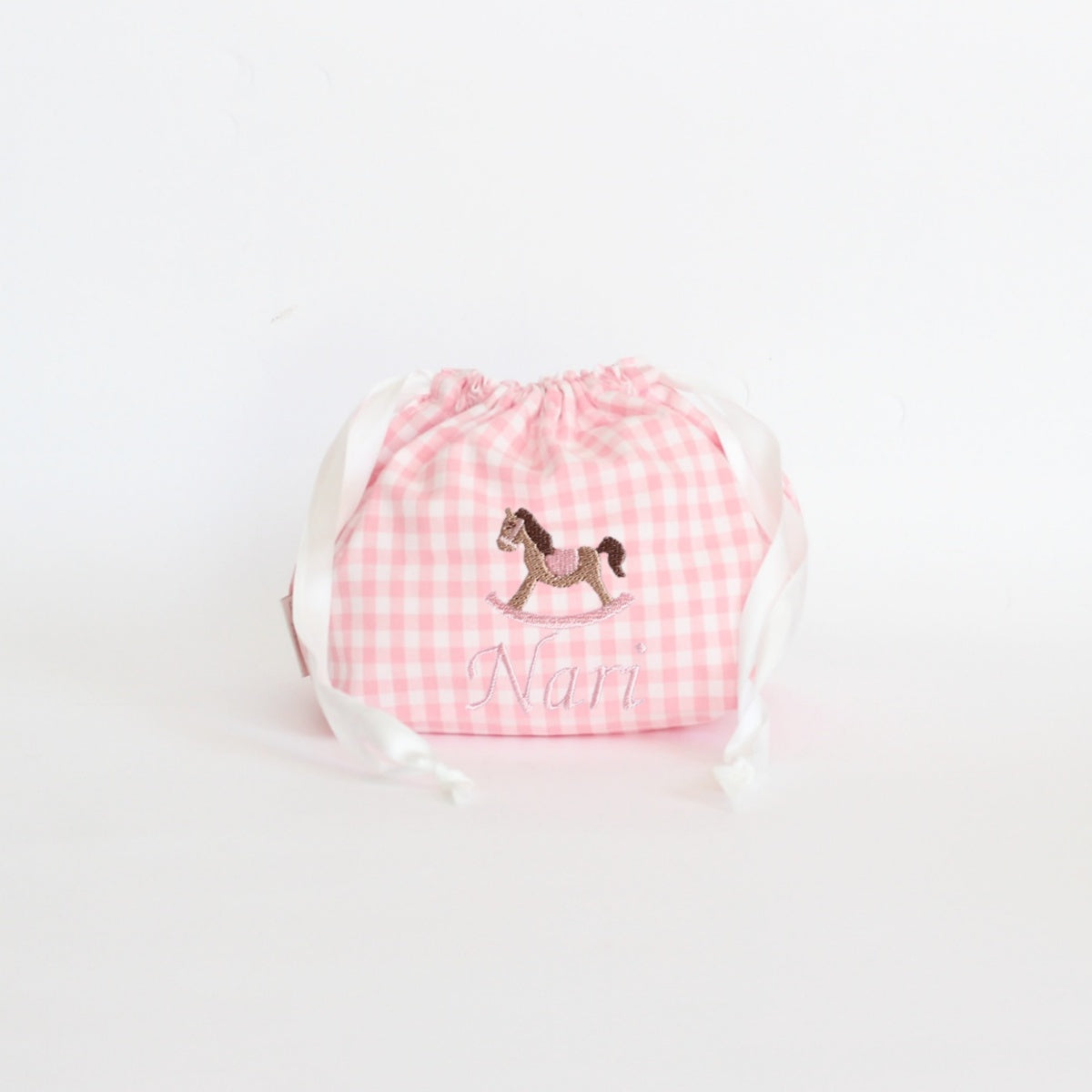 【選べるモチーフ＋名入れ刺繍】巾着袋3種類セット（チェック柄ピンク）
