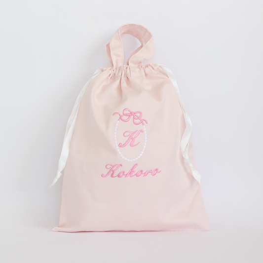 【リボンリース+名入れ】巾着袋L持ち手つきドローストリングバッグ