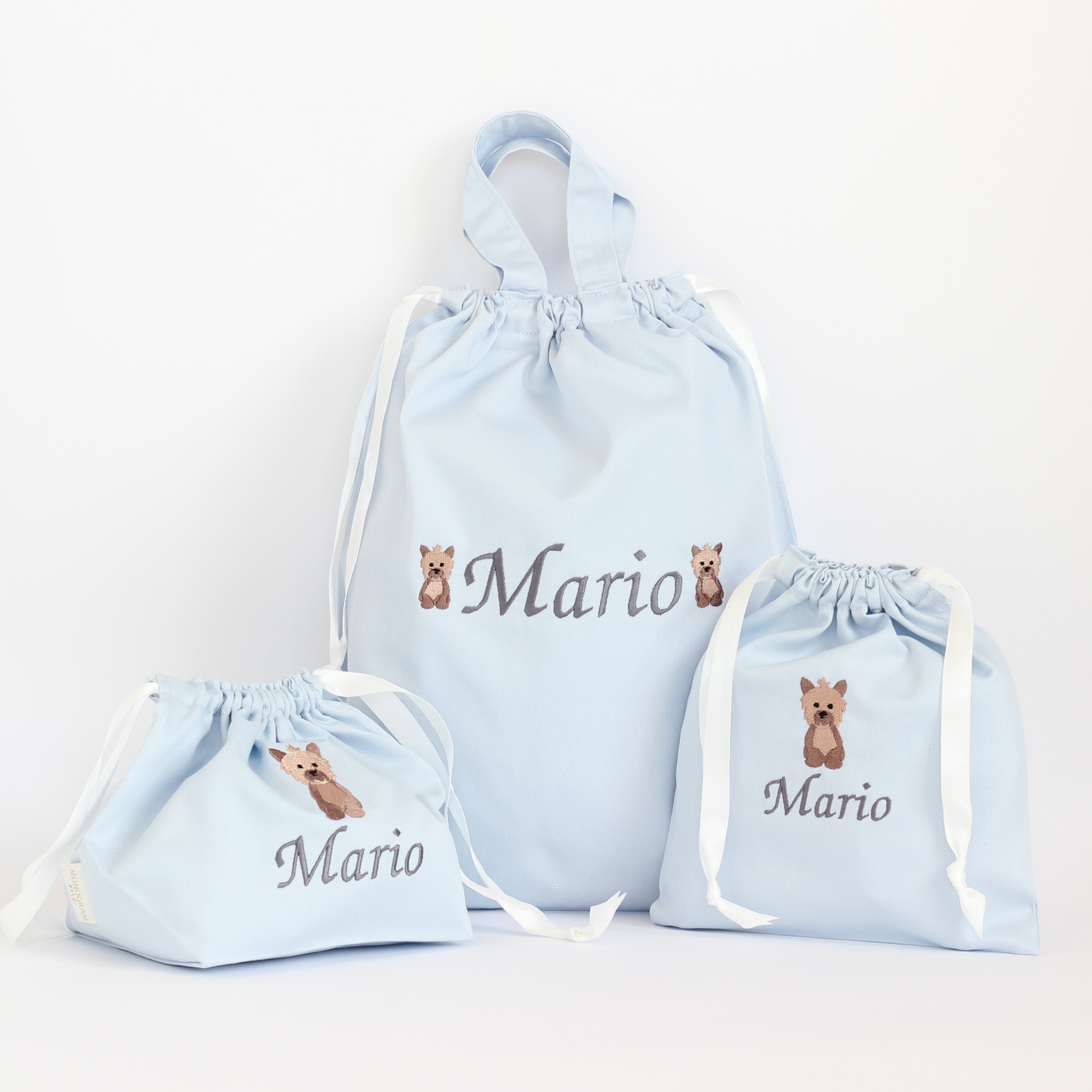 【ヨークシャテリア+名入れ刺繍】巾着袋Sマチなし巾着袋ドローストリングバッグ（４色）