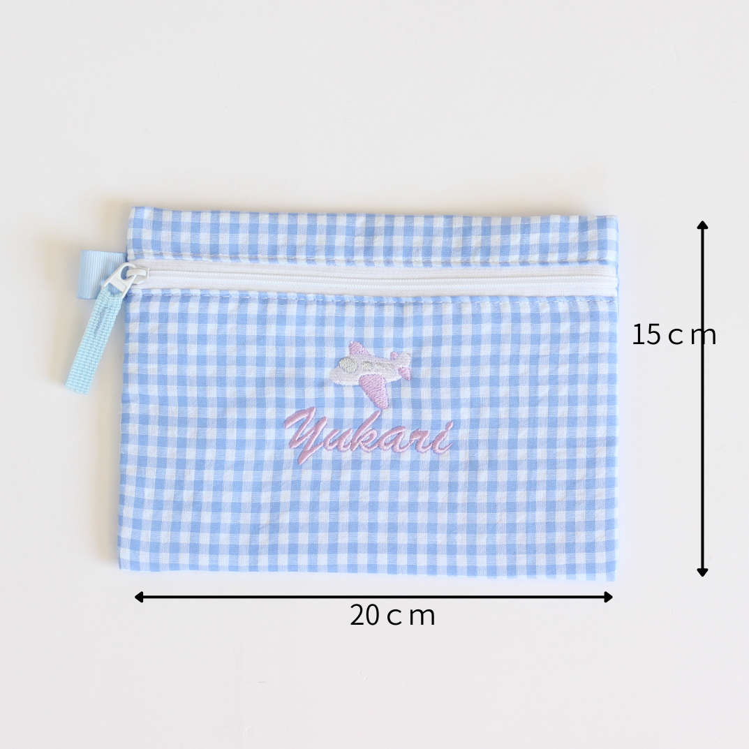 【選べるモチーフ+名入れ刺繍】フラットポーチblue gingham check