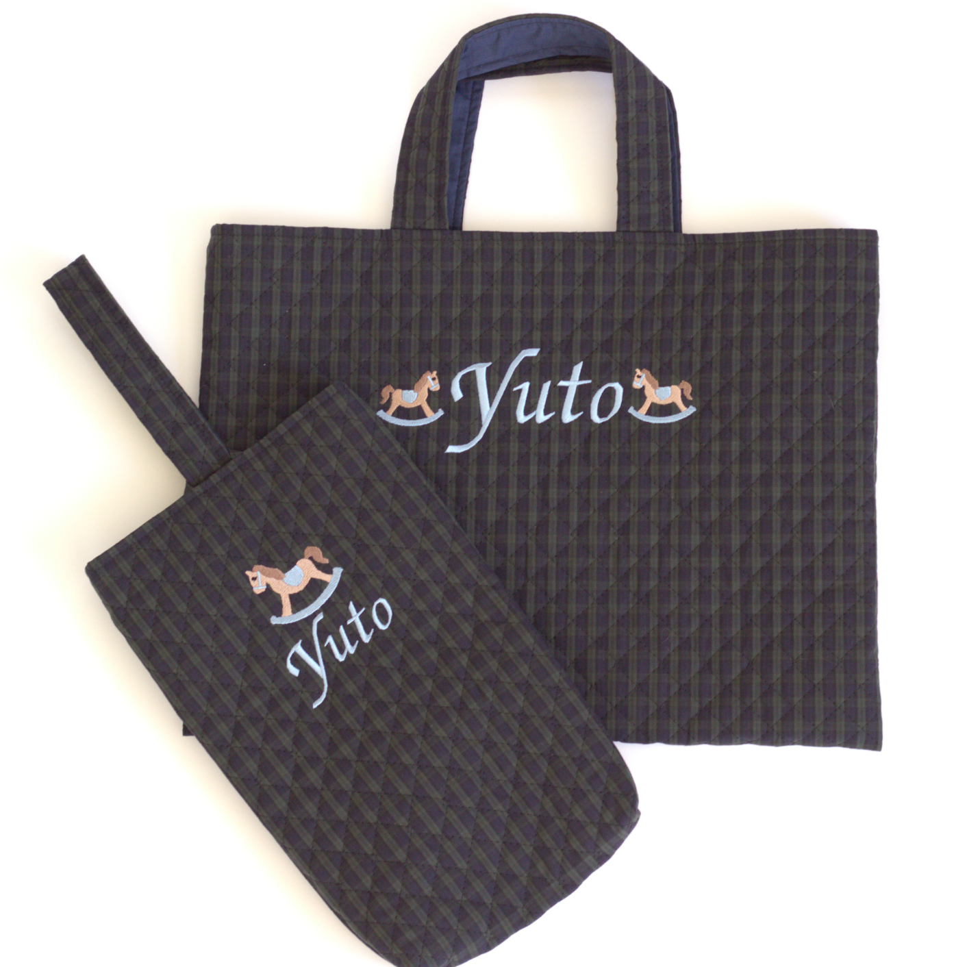 【選べるモチーフ+名入れ刺繍】シューズバッグ (靴袋)ブラックウォッチ柄