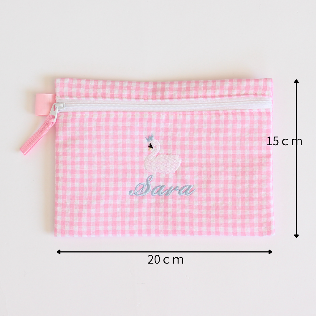 【選べるモチーフ+名入れ刺繍】フラットポーチpink gingham check