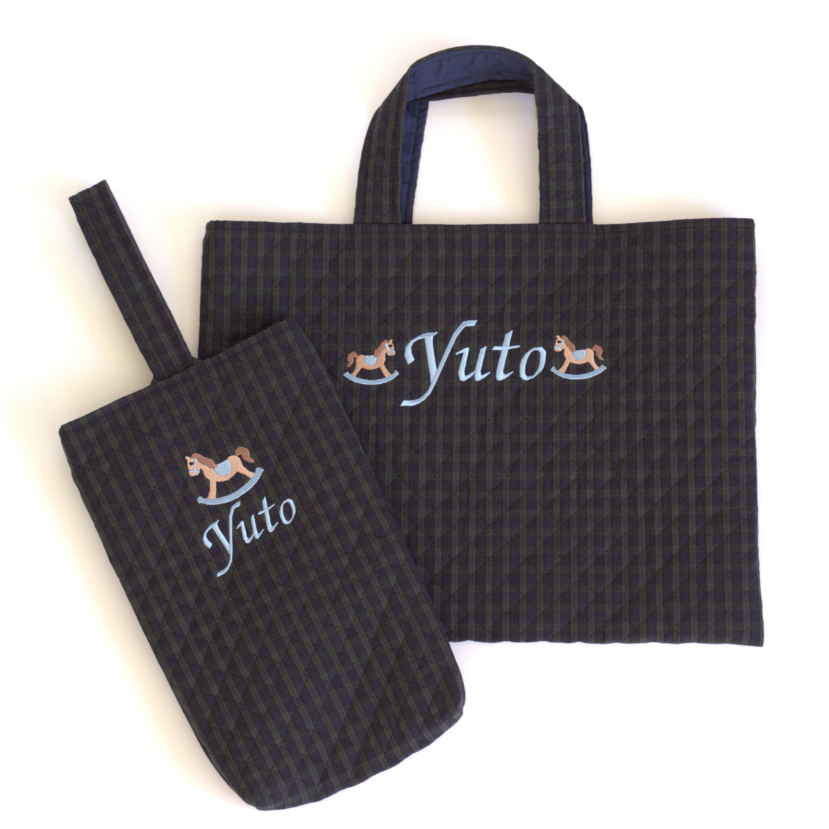 【選べるモチーフ+名入れ刺繍】レッスンバッグ（絵本袋）ブラックウォッチ柄