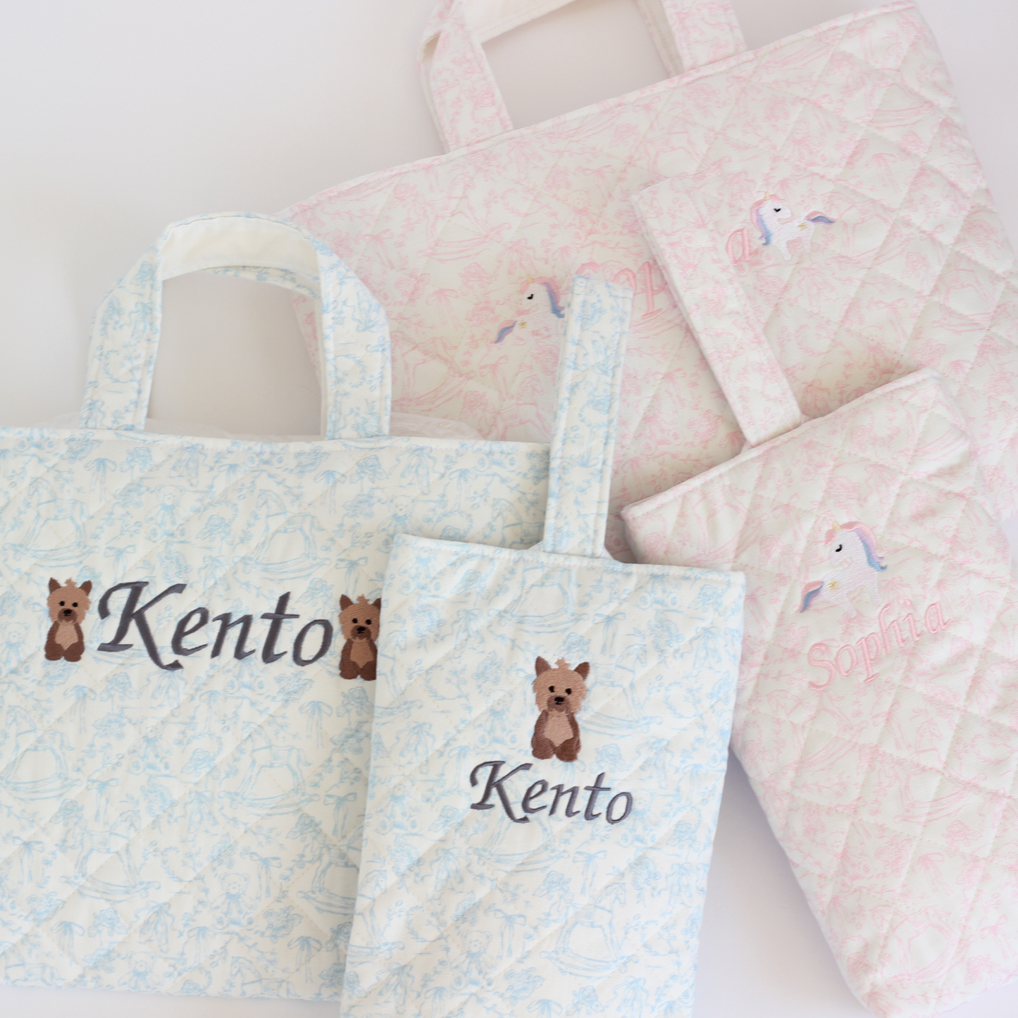 【選べるモチーフ+名入れ刺繍】トワルドジュイ柄レッスンバッグ（絵本袋）シューズバッグ（靴袋）セット　パウダーピンク