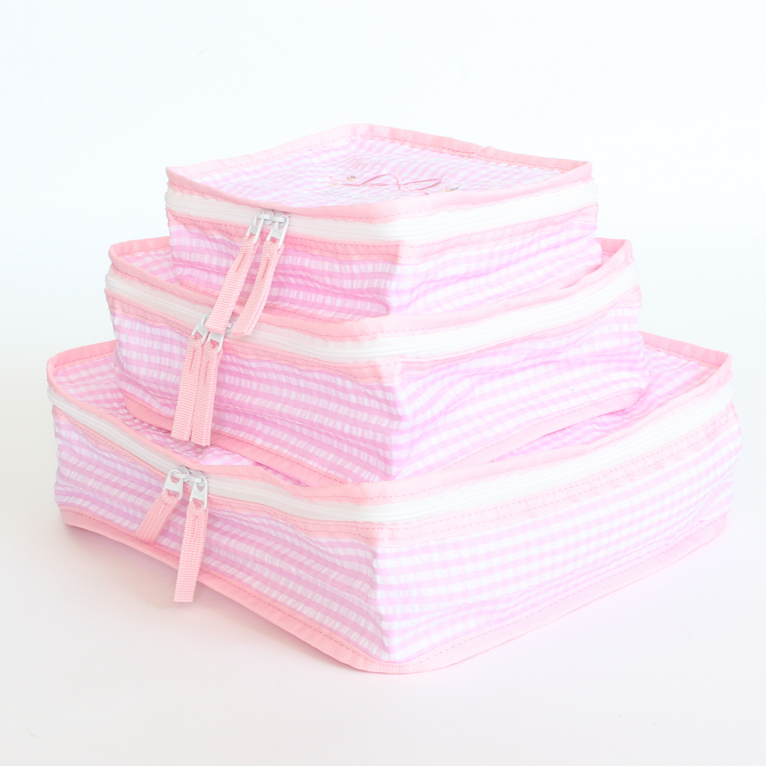 【選べるモチーフ2】スタッキングポーチ３点セットPink Check Seersucker
