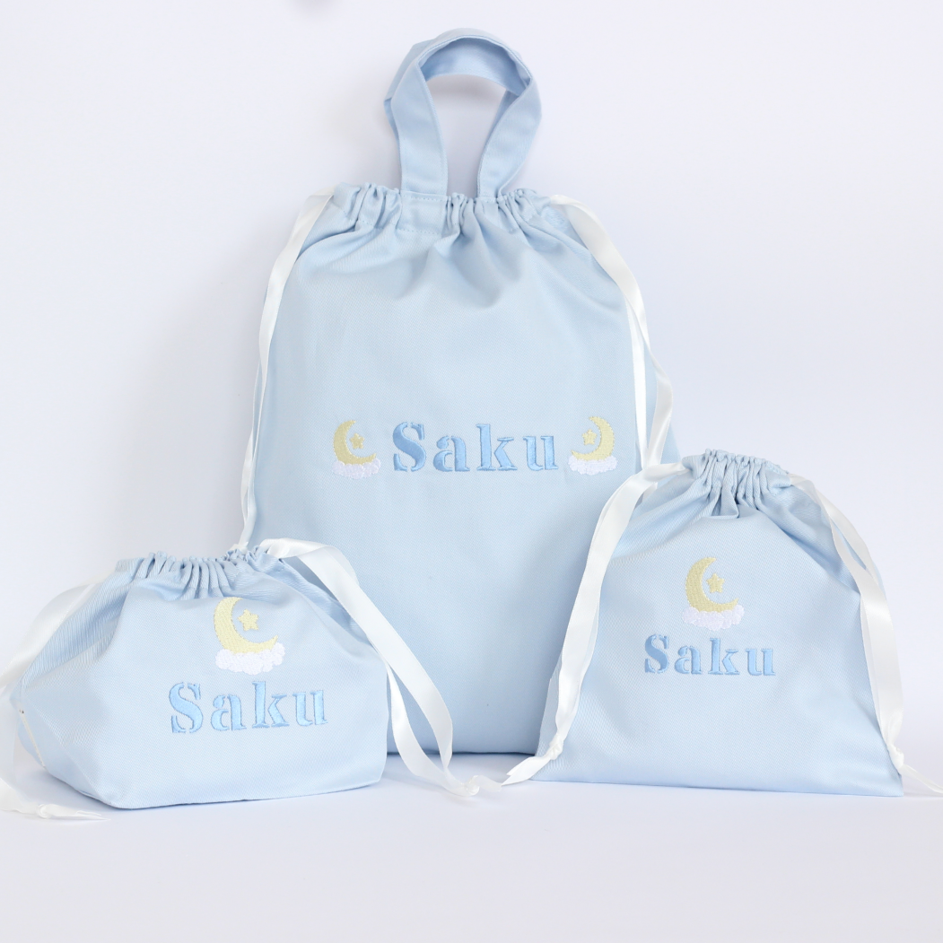【ムーン🌙＆スター⭐+名入れ刺繍】巾着袋L持ち手付きドローストリングバッグ（4色）
