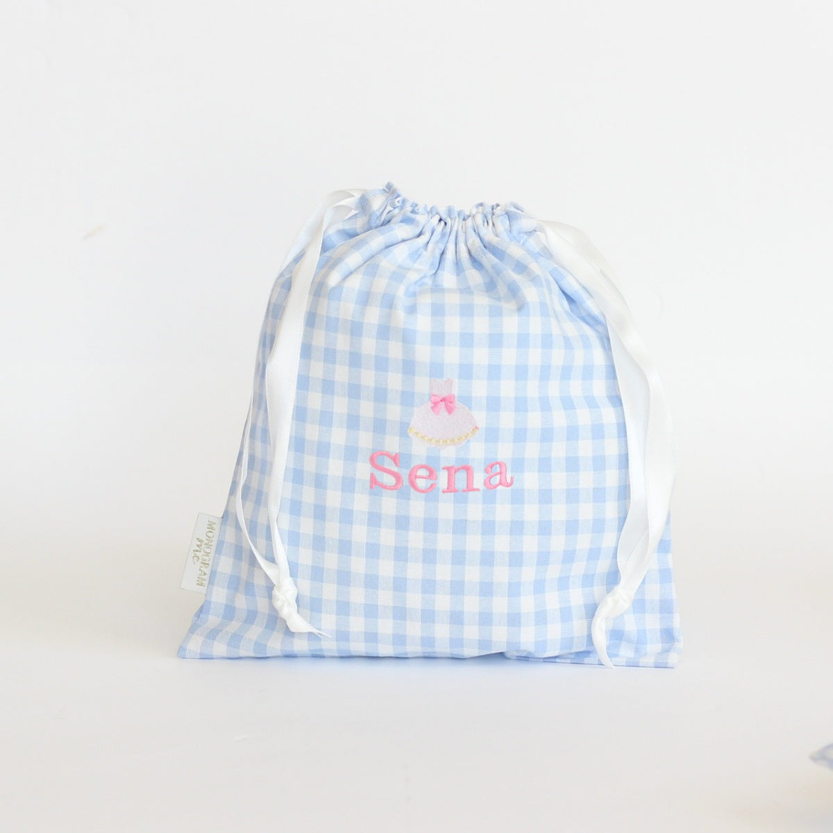 【選べるモチーフ＋名入れ刺繍】巾着袋Sドローストリングバッグ（チェック柄ブルー）