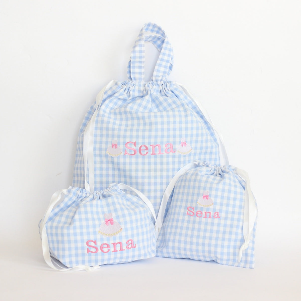 【選べるモチーフ＋名入れ刺繍】巾着袋3種類セット（チェック柄ブルー）