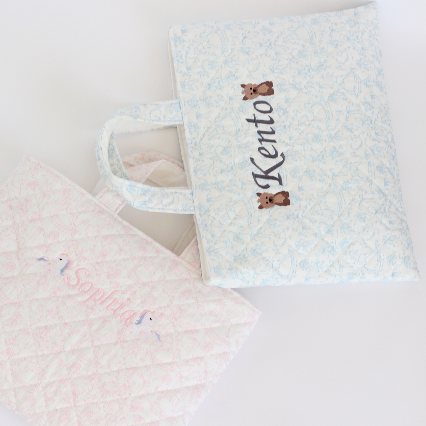 【選べるモチーフ+名入れ刺繍】トワルドジュイ柄レッスンバッグ（絵本袋）パウダーブルー