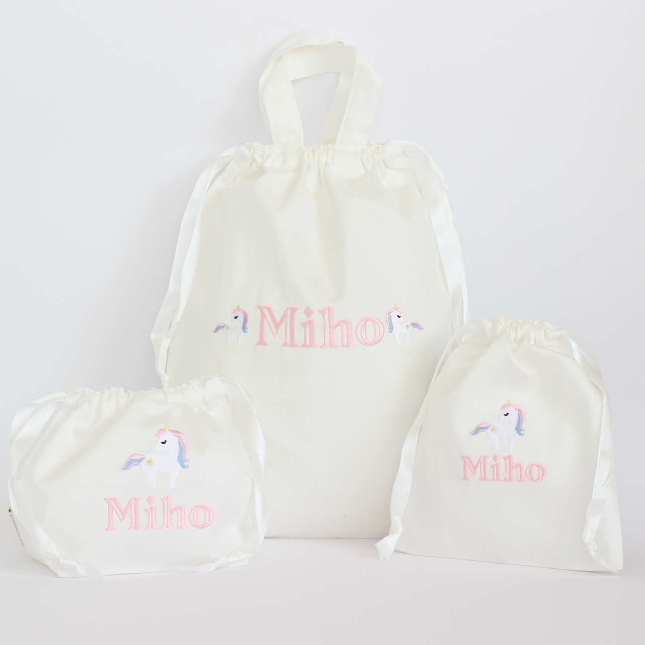 【ユニコーン+名入れ刺繍】巾着袋3種類セット（4色）