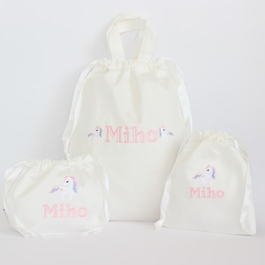 【ユニコーン+名入れ刺繍】巾着袋3種類セット（4色）