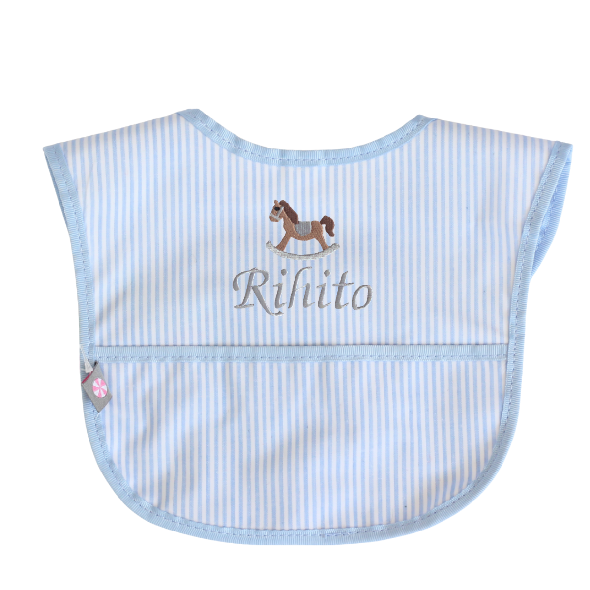 【選べるモチーフ+名入れ刺繍】お食事ビブ（スタイ）blue stripe